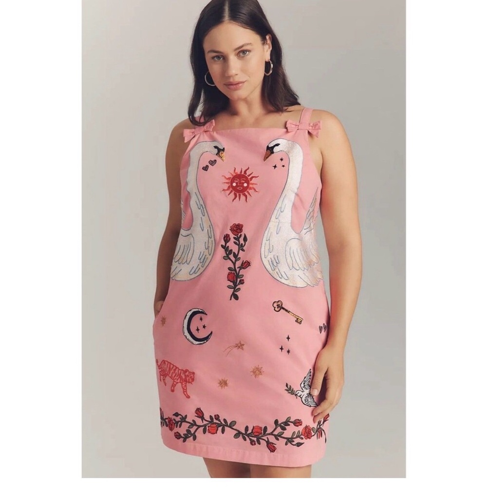Pink Embroidered Swan Shift Dress